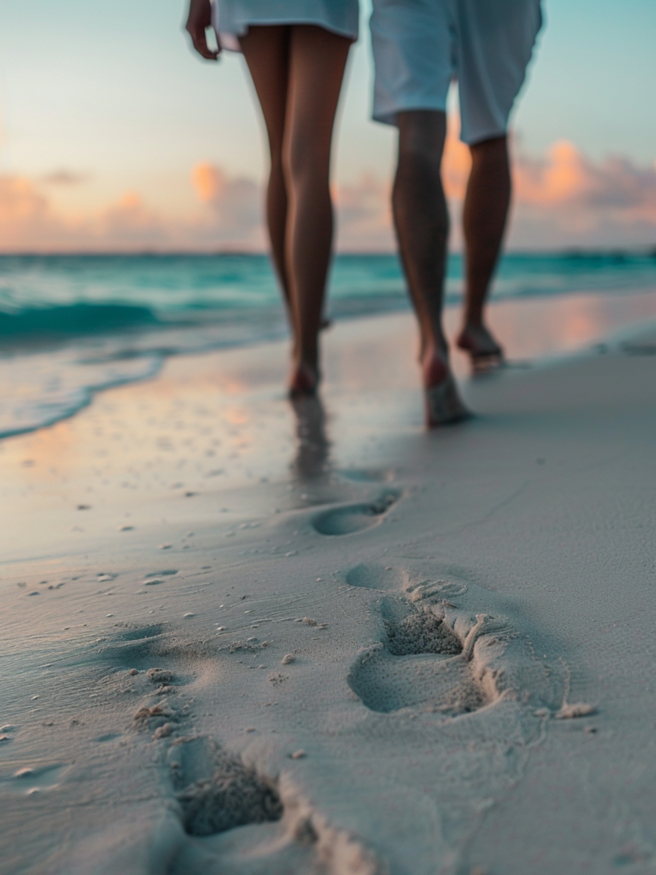 Wandelenend stel op strand tijdens zonsondergang